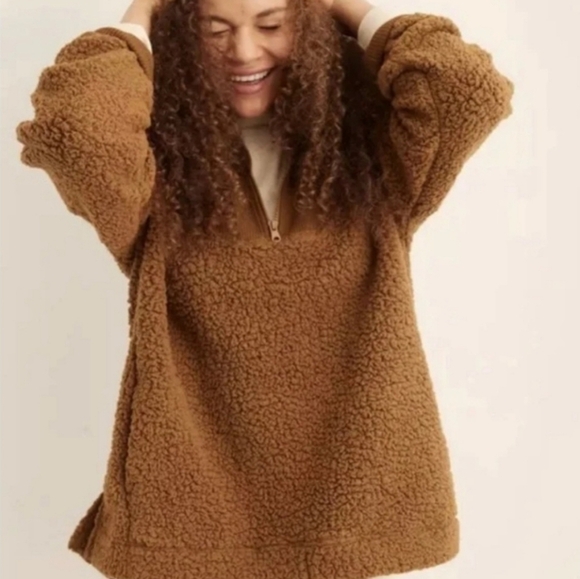 121. New Aerie Dream Sherpa Quarter Zip Sweatshirt Brown Size Small - Picture 1 of 7